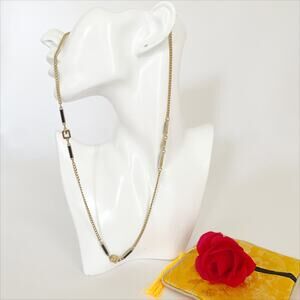 GIVENCHY Vintage Enamel 'G' Station Necklace Black Gold